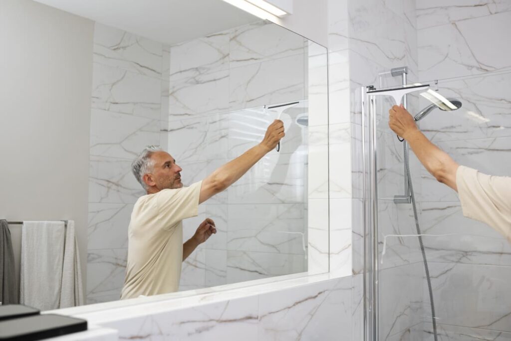 Hombre limpiando la cal de la mampara del baño